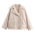 Stylish beige faux shearling jacket with lapel collar and long sleeves for women - XS / Off White