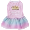 Pink pet tutu dress with golden crown print and layered rainbow mesh skirt for small dogs - XS / Pink Crown