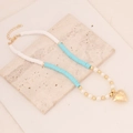 Bohemian handmade heishi bead necklace with pearls and gold heart pendant on stone - 2# Blue