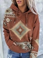 Detail of vintage geometric print on oversized hoodie with kangaroo pocket and drawstring - S / Caramel color