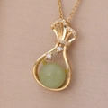 Golden money bag necklace with green gemstone pendant and shimmering zircons - 92#XL2161-11