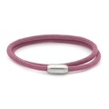 Macro detail of magenta braided rope bracelet with silver cylindrical magnetic closure - Taro Purple