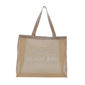 Large mesh beach tote bag in khaki finish with 'THE BEACH BAG' print for women - Khaki With White Lettering