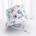 Detail of mint green kids bucket hat with animal prints and adjustable windproof rope - Light Blue Monkey Animals