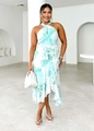 Detailed view of sleeveless floral dress with halter neck and ruffled asymmetric hemline - S / Green