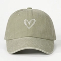 Close-up of heart embroidery on washed cotton baseball cap with vintage finish - One Size / Light Khaki
