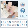 Set de 24 uñas postizas cortas azules y blancas con diseños de corazones y degradado - Estilo de Corazón Azul Blanco de Verano (A487) / Tipo de Pegamento