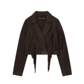 Women's dark brown faux suede cropped jacket with bohemian style fringe details - S / Coffee