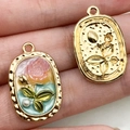 French vintage enamel rose pendant with pink flower and gold alloy backing for DIY jewelry - Blue Square Rose Flower Pendant-19480