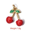 Golden stainless steel cherry pendant with red charms and green leaves, 1.7cm x 1.5cm - BXGPJ098-Enamel Cherry Pendant