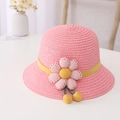 Pink straw sun hat for children with yellow ribbon and cute 3D floral decoration - Kids Size (54cm) / Hat / Watermelon red