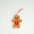 Felt gingerbread man ornament with red letter U embroidery and hanging string - Letter U