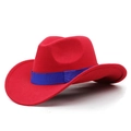 Classic red felt cowboy hat with blue ribbon band and wide curved brim for unisex style - Red