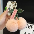 Pink plush cherry keychain with green leather leaves and gold metal ring for bags - Pink Cherry Because Of You
