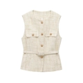 Close-up of beige tweed vest with gold texture buttons and matching waist belt detail - XS / Milky White
