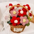 Handmade crochet flower basket with red, white and pink wool blossoms in a rattan base - 9 Red Puff Flowers Basket