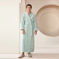 Men's light blue plush bathrobe in long style with pineapple grid texture and white piping - Bean Green (Male)