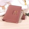 Short fold faux leather women's wallet in dusty pink with butterfly and tassel charm - Deep Pink