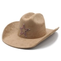 Classic camel faux suede cowboy hat featuring a red rhinestone star and wide brim - M (56-57cm) / Camel