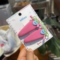 Pink fabric duckbill clips with green bows and blue hearts on white display card - Rose Pink Heart Button Green Bow BB Clip Set