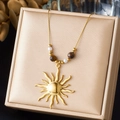 Bohemian gold stainless steel necklace with sun pendant, tiger eye and pearl beads - Vintage Sun Pendant with Tiger Eye and Pearl Style (N4090)