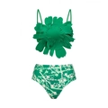 Deep green 2-piece bikini set with 3D floral applique and high-waist floral print - Green 2-Piece Bikini