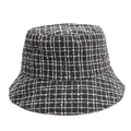 Close-up detail of a vintage black and white checkered tweed bucket hat with metal logo. - M(58cm) / Black