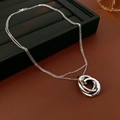 Silver interlocking triple ring pendant necklace with double layer chain on black jewelry tray - Interlocking Triple Rings Double Layer Style / Silver