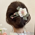 Pince à cheveux vintage fleur blanche avec nœud en soie verte et détail rose rose - Pince à Bec de Canard Fleur Beige (3#) / env. 11.5cm