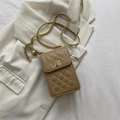 Chic quilted rhombic mini crossbody phone bag in brown with gold chain strap - Khaki
