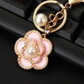 Pink camellia keychain with pearl embellishments and gold hardware for women bags - Pink Pearl Camellia