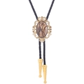 Golden crown bolo tie with brown textured stone and black braided leather cord - 13 (Gold with Brown Marble)