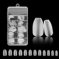 Close-up of clear false nail tips in a storage box with detailed size comparison - QSW15 (120Pcs Boxed)