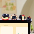 Mini black cat monitor figurine set featuring cute kittens and apple accessories - Set of 4 Apple Cat Ornaments