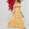Off-shoulder bohemian maxi dress with yellow and white geometric floral print and ruffles - S / Yellow
