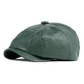 Casquette gavroche classique en cuir PU vert foncé style vintage britannique pour hommes et femmes - Réglable / Vert Foncé