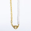 18K vergulde roestvrijstalen ketting met halve witte parels en een klassieke T-staafsluiting - Goud OT Gesp Paperclip Parel Splicing