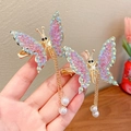 Golden butterfly hair clips with pink blue rhinestones and pearl tassel details - Purple Butterfly 1 Pair