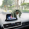 Handmade crochet green plant car hanging ornament with beige pot for rearview mirror - Army Green Basket + Slender Leaves