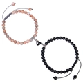 Couples magnetic attraction bracelets featuring pink zebra stone and matte black beads - Agate and Matte Stone