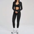 Dames 3-delige zwarte sportset met ritsjasje, sportbeha en v-taille yoga legging fitness - S / 3-delige set (jack+bh+broek) / Premium Zwart