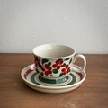 Ceramic coffee cup and saucer set featuring hand-painted red flowers and green stripes - 220ml / Red