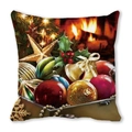 Close-up of festive Christmas pillowcase with fireplace and ornament print detail - 18x18 Inch / 39