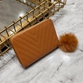 Caramel brown quilted leather mini wallet for women with decorative fur pom-pom charm - Brown