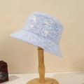 Sparkly light blue sequin bucket hat with reflective metallic finish on a wooden stand - M (56-58cm) / Blue Grey Stripe Sequin