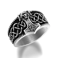 Vintage Viking Thor's Hammer ring with Celtic knot reliefs in retro polished steel - US 9 / Style 2 Thor's Hammer Vintage