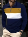 Polo à manches longues ajusté avec design color-block bleu marine, or et blanc et demi-zip - Bleu marine