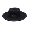 Detail of black wool fedora with leather band and vintage bronze bull head buckle - One Size / Black (Bull Head Buckle)