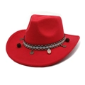 Detail of red wool cowboy hat featuring bohemian woven band with shell and coin charms - M (56-58cm) / Red