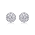 Macro shot of silver stud earrings with a four-prong setting and sparkling round zircons - E13480-Round Frame Pavé with GRA Certificate